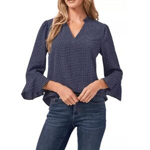 CeCe Women's Garden Geo Bell Ruffled Sleeve V-neck Blouse M